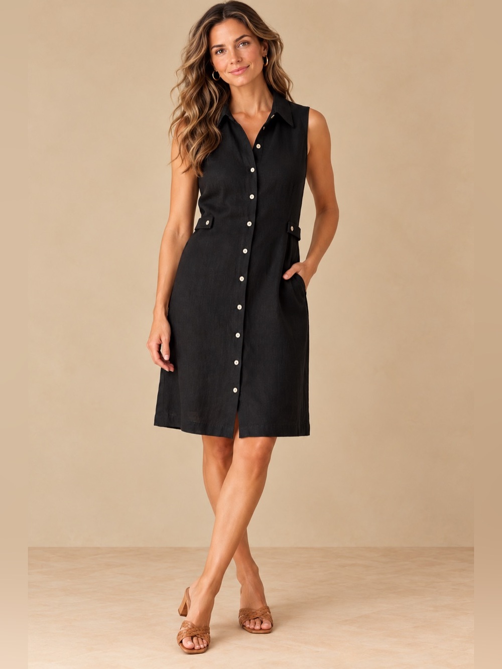 J. Jill Black 100% Linen Sleeveless Button Front Popover Shirt Dress Sz Large